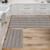 2pcs Sage Bathroom Rugs, Bath Mat Set of 2 Extra Thick Chenille Striped Pattern Shaggy Bath Rugs for Bathroom