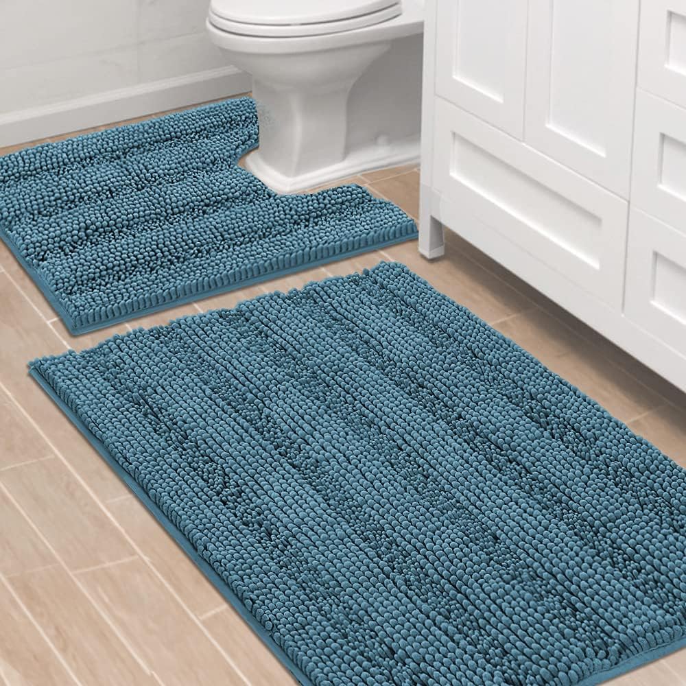 2pcs Sage Bathroom Rugs, Bath Mat Set of 2 Extra Thick Chenille Striped Pattern Shaggy Bath Rugs for Bathroom