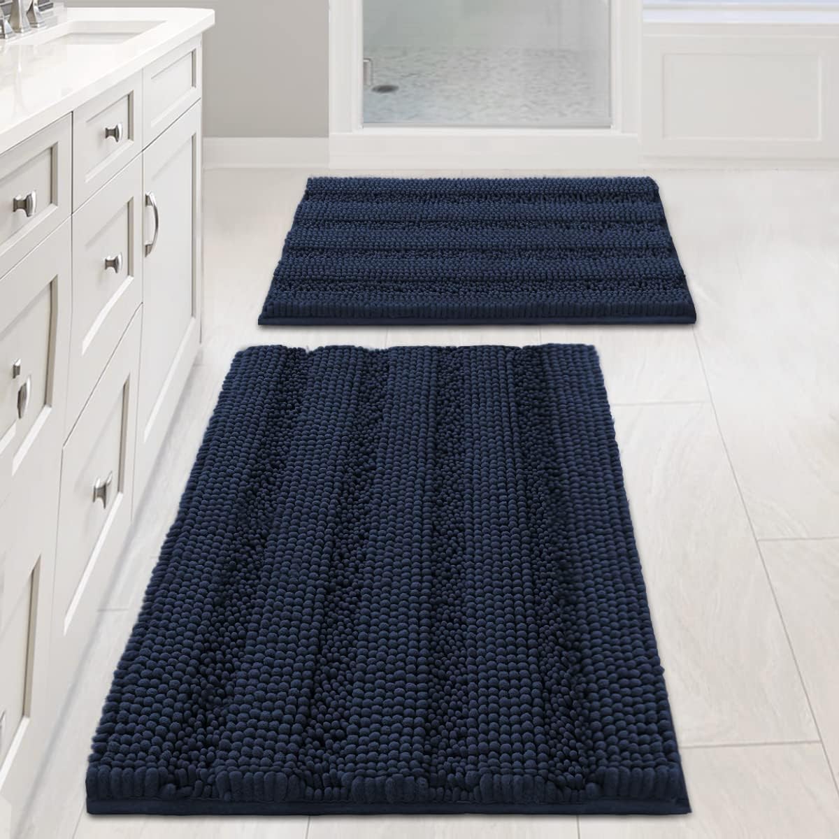 2pcs Sage Bathroom Rugs, Bath Mat Set of 2 Extra Thick Chenille Striped Pattern Shaggy Bath Rugs for Bathroom