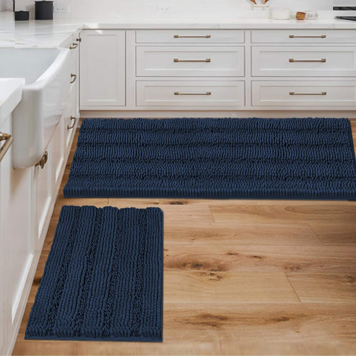 2pcs Sage Bathroom Rugs, Bath Mat Set of 2 Extra Thick Chenille Striped Pattern Shaggy Bath Rugs for Bathroom