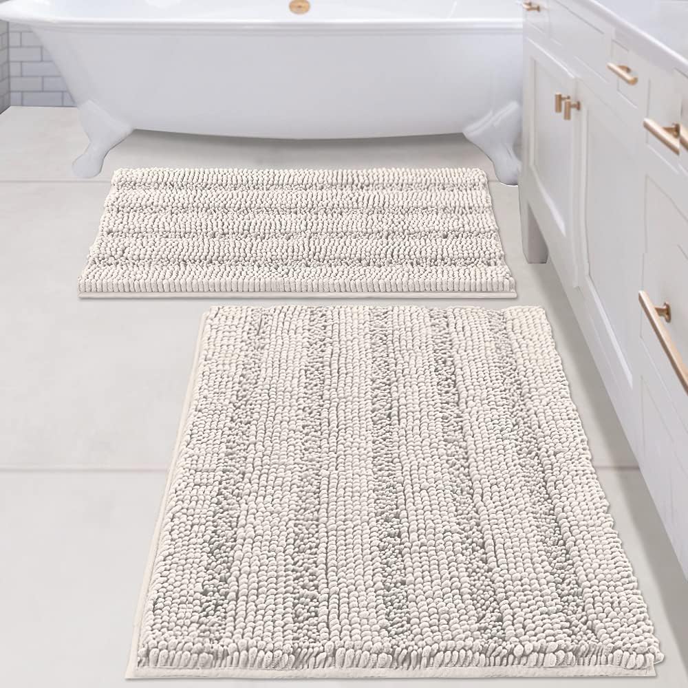 2pcs Sage Bathroom Rugs, Bath Mat Set of 2 Extra Thick Chenille Striped Pattern Shaggy Bath Rugs for Bathroom
