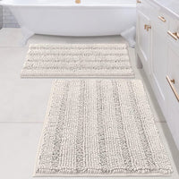 2pcs Sage Bathroom Rugs, Bath Mat Set of 2 Extra Thick Chenille Striped Pattern Shaggy Bath Rugs for Bathroom