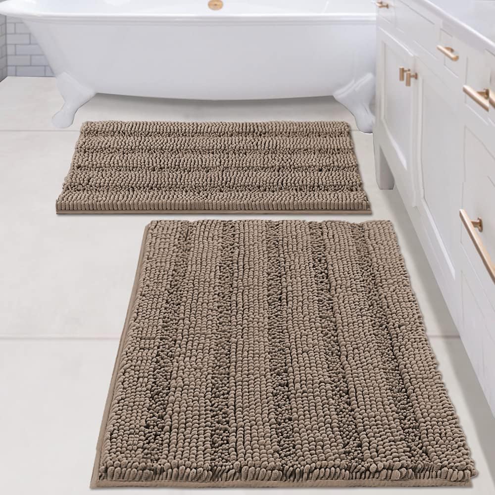 2pcs Sage Bathroom Rugs, Bath Mat Set of 2 Extra Thick Chenille Striped Pattern Shaggy Bath Rugs for Bathroom