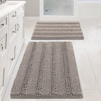 2pcs Sage Bathroom Rugs, Bath Mat Set of 2 Extra Thick Chenille Striped Pattern Shaggy Bath Rugs for Bathroom