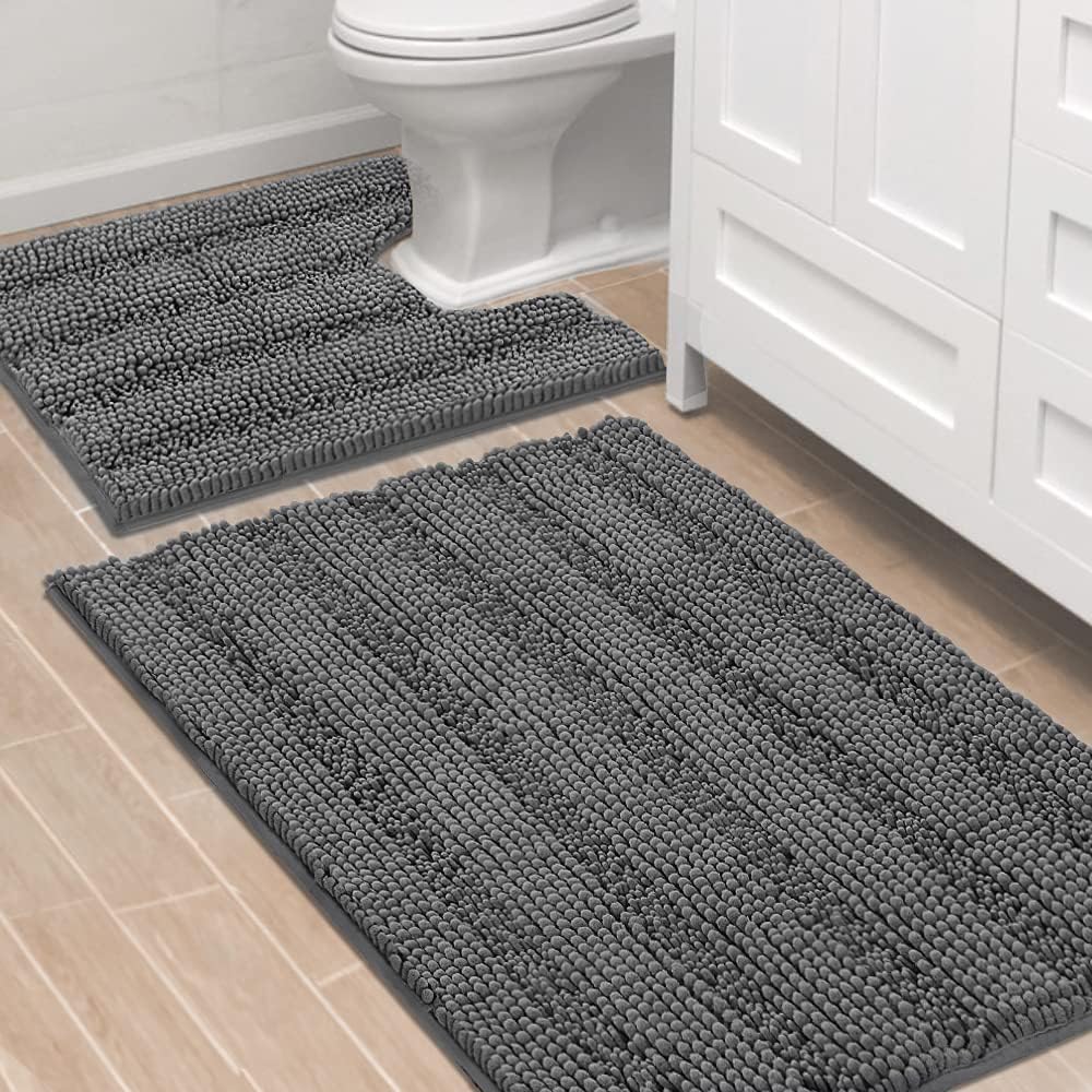 2pcs Sage Bathroom Rugs, Bath Mat Set of 2 Extra Thick Chenille Striped Pattern Shaggy Bath Rugs for Bathroom