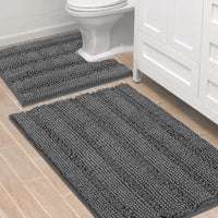 2pcs Sage Bathroom Rugs, Bath Mat Set of 2 Extra Thick Chenille Striped Pattern Shaggy Bath Rugs for Bathroom