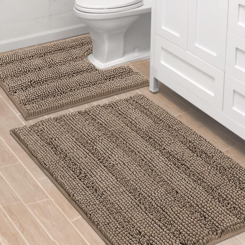 2pcs Sage Bathroom Rugs, Bath Mat Set of 2 Extra Thick Chenille Striped Pattern Shaggy Bath Rugs for Bathroom