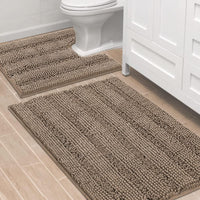2pcs Sage Bathroom Rugs, Bath Mat Set of 2 Extra Thick Chenille Striped Pattern Shaggy Bath Rugs for Bathroom