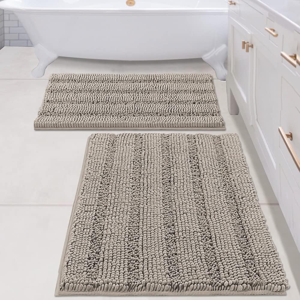 2pcs Sage Bathroom Rugs, Bath Mat Set of 2 Extra Thick Chenille Striped Pattern Shaggy Bath Rugs for Bathroom