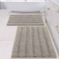 2pcs Sage Bathroom Rugs, Bath Mat Set of 2 Extra Thick Chenille Striped Pattern Shaggy Bath Rugs for Bathroom