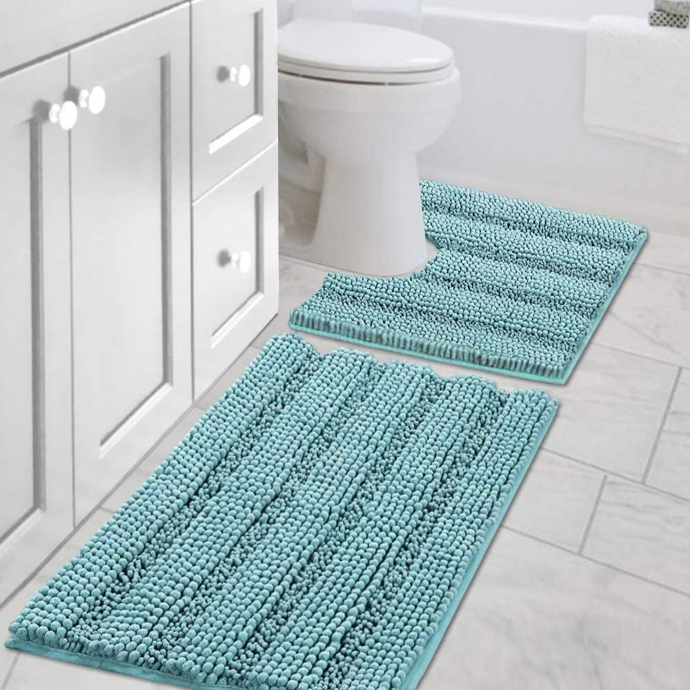 2pcs Sage Bathroom Rugs, Bath Mat Set of 2 Extra Thick Chenille Striped Pattern Shaggy Bath Rugs for Bathroom