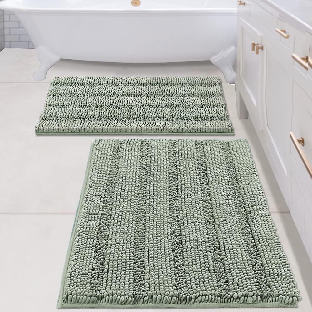 2pcs Sage Bathroom Rugs, Bath Mat Set of 2 Extra Thick Chenille Striped Pattern Shaggy Bath Rugs for Bathroom