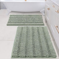 2pcs Sage Bathroom Rugs, Bath Mat Set of 2 Extra Thick Chenille Striped Pattern Shaggy Bath Rugs for Bathroom