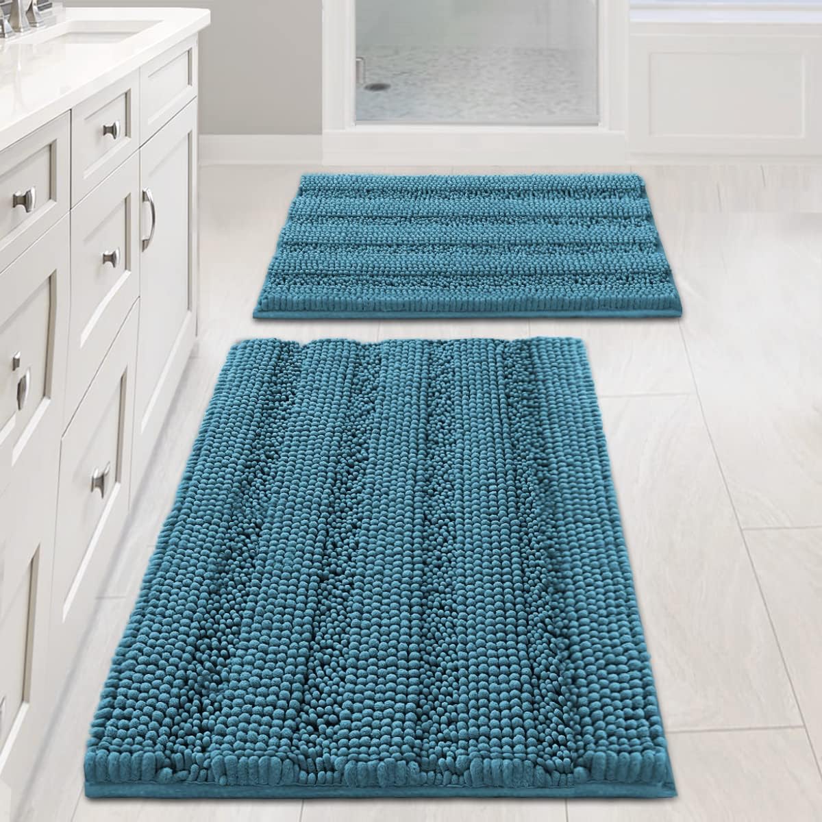 2pcs Sage Bathroom Rugs, Bath Mat Set of 2 Extra Thick Chenille Striped Pattern Shaggy Bath Rugs for Bathroom