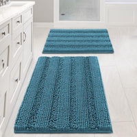 2pcs Sage Bathroom Rugs, Bath Mat Set of 2 Extra Thick Chenille Striped Pattern Shaggy Bath Rugs for Bathroom