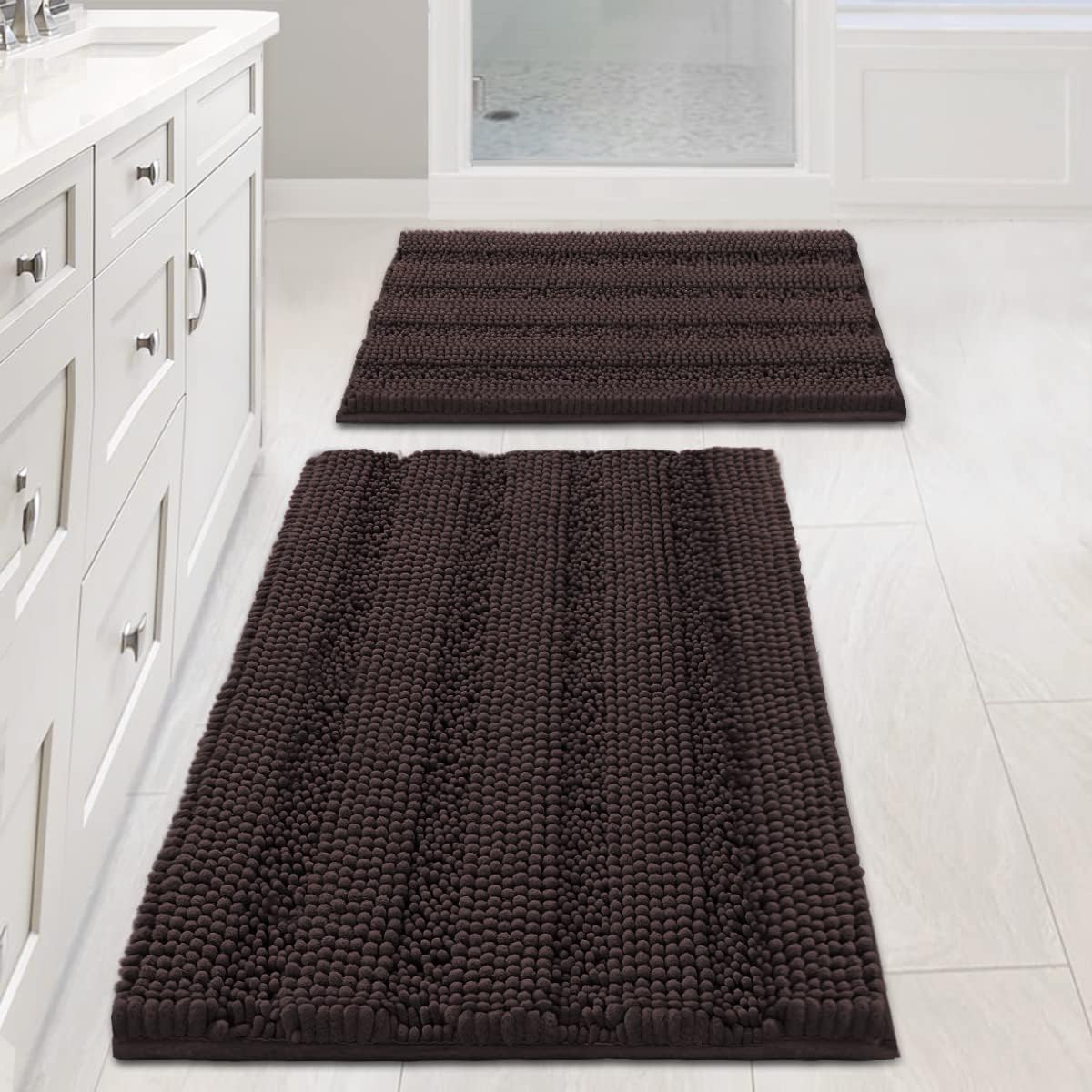 2pcs Sage Bathroom Rugs, Bath Mat Set of 2 Extra Thick Chenille Striped Pattern Shaggy Bath Rugs for Bathroom