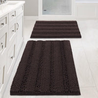 2pcs Sage Bathroom Rugs, Bath Mat Set of 2 Extra Thick Chenille Striped Pattern Shaggy Bath Rugs for Bathroom