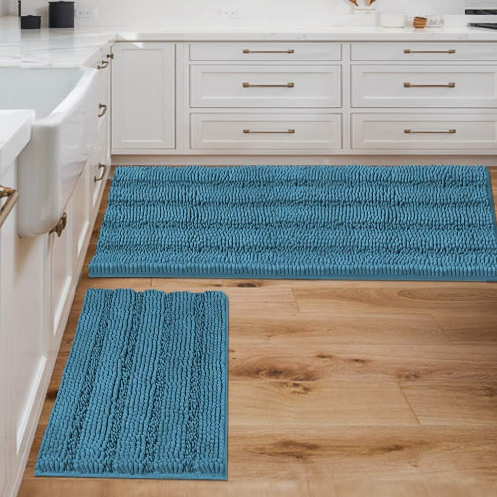 2pcs Sage Bathroom Rugs, Bath Mat Set of 2 Extra Thick Chenille Striped Pattern Shaggy Bath Rugs for Bathroom