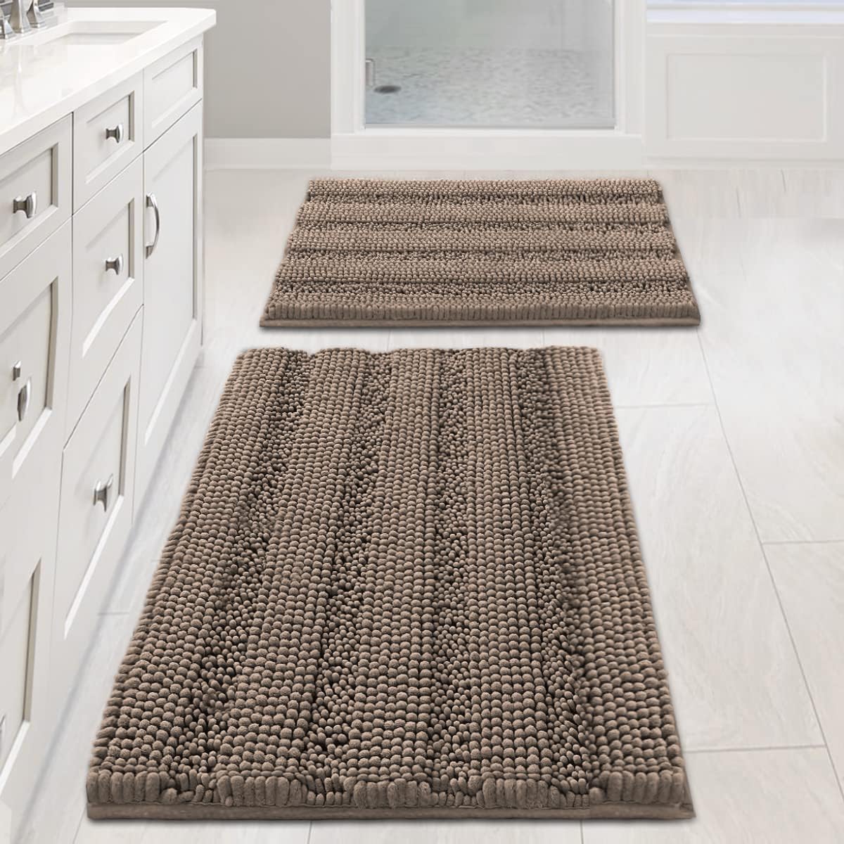 2pcs Sage Bathroom Rugs, Bath Mat Set of 2 Extra Thick Chenille Striped Pattern Shaggy Bath Rugs for Bathroom