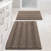 2pcs Sage Bathroom Rugs, Bath Mat Set of 2 Extra Thick Chenille Striped Pattern Shaggy Bath Rugs for Bathroom