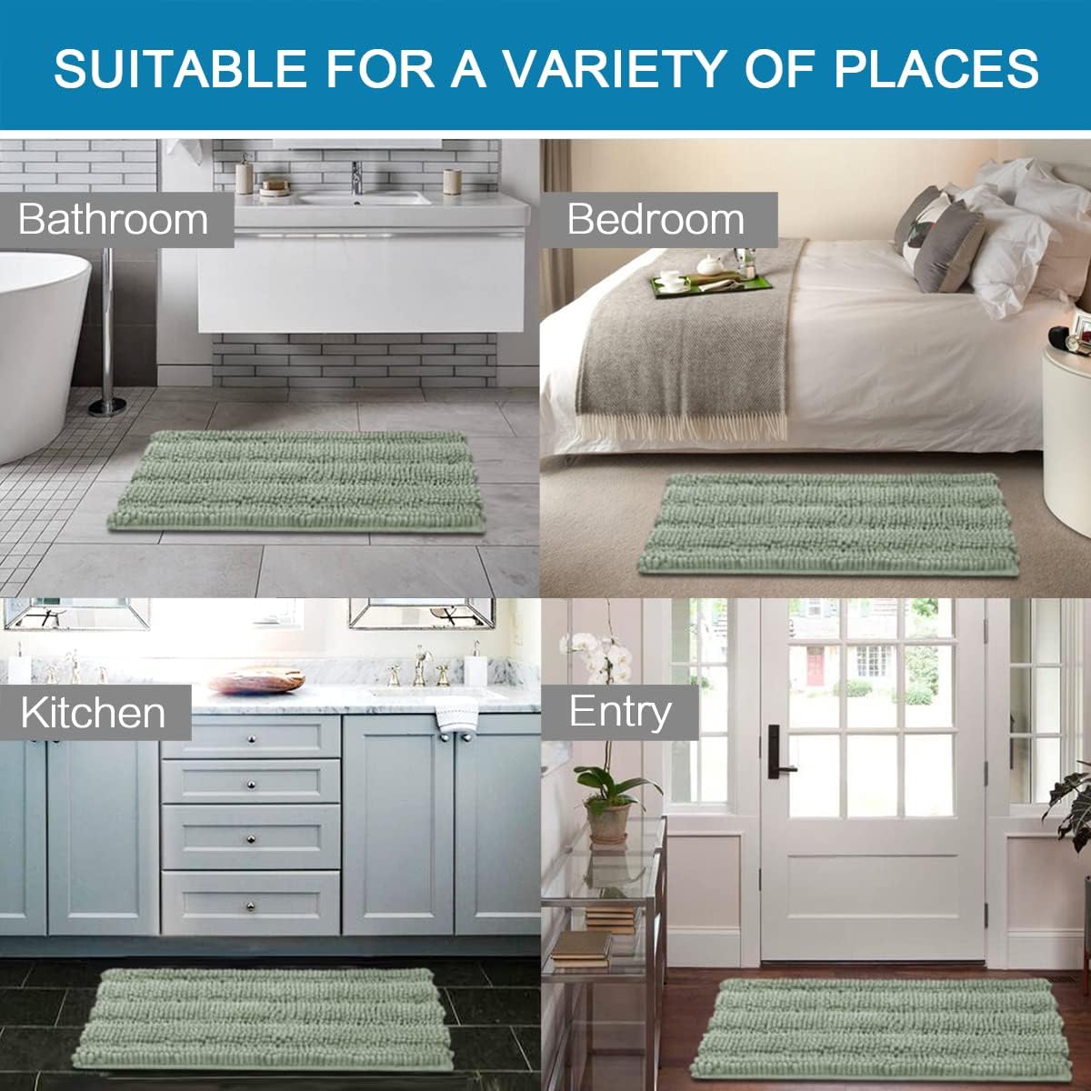 2pcs Sage Bathroom Rugs, Bath Mat Set of 2 Extra Thick Chenille Striped Pattern Shaggy Bath Rugs for Bathroom