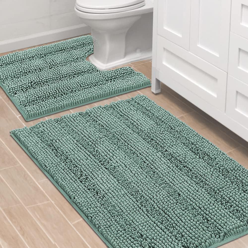 2pcs Sage Bathroom Rugs, Bath Mat Set of 2 Extra Thick Chenille Striped Pattern Shaggy Bath Rugs for Bathroom
