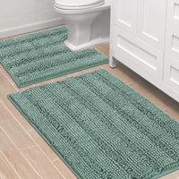 2pcs Sage Bathroom Rugs, Bath Mat Set of 2 Extra Thick Chenille Striped Pattern Shaggy Bath Rugs for Bathroom