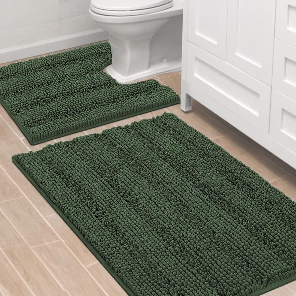 2pcs Sage Bathroom Rugs, Bath Mat Set of 2 Extra Thick Chenille Striped Pattern Shaggy Bath Rugs for Bathroom
