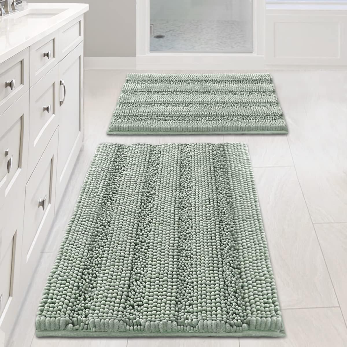 2pcs Sage Bathroom Rugs, Bath Mat Set of 2 Extra Thick Chenille Striped Pattern Shaggy Bath Rugs for Bathroom