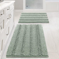 2pcs Sage Bathroom Rugs, Bath Mat Set of 2 Extra Thick Chenille Striped Pattern Shaggy Bath Rugs for Bathroom