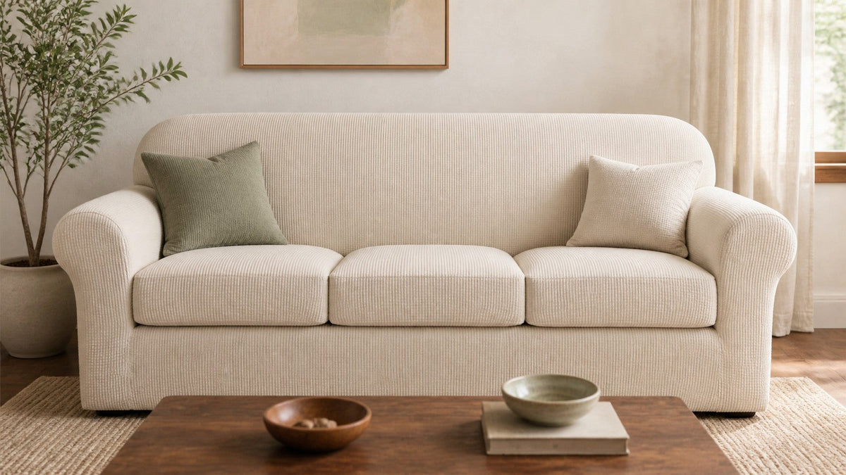 Neutral living room with a fitted sofa cover