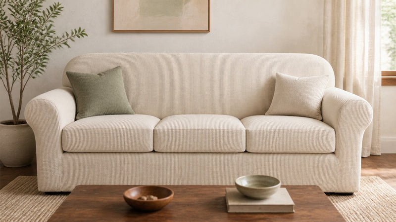 Neutral living room with a fitted sofa cover