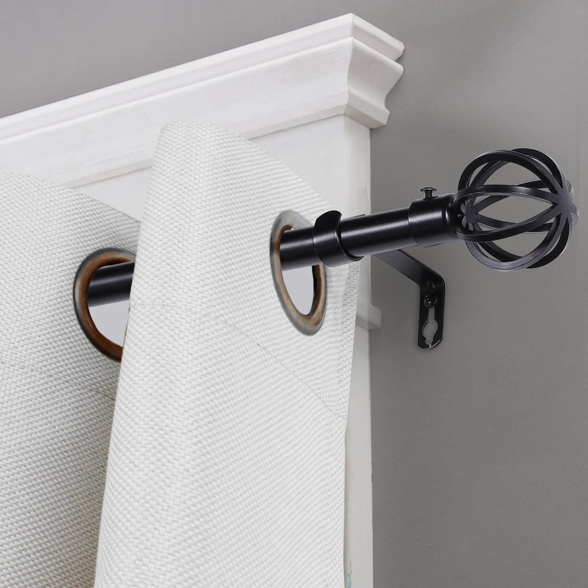 Turquoize Standard Single Adjustable Window Curtain Rod Set 3/4 in Diameter with Round Cage Finials, 28-48 in, Black