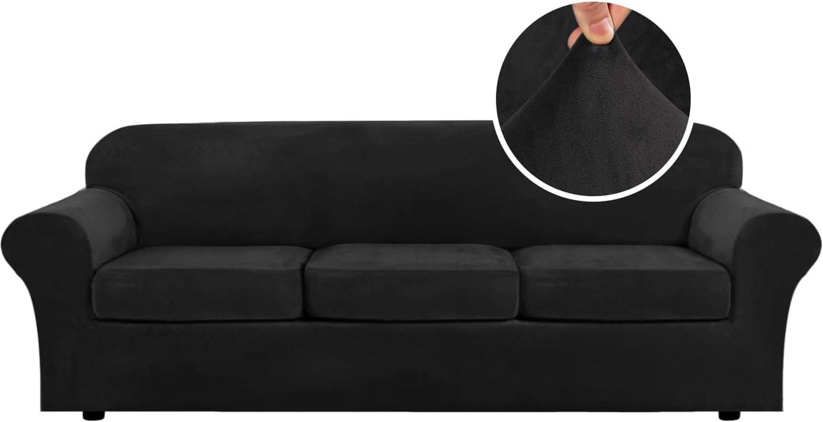 H.VERSAILTEX Modern Velvet Plush High Stretch Sofa Slipcover Furniture Protector Form Fit Luxury Thick Sofa Cover for 3 Cushion Couch, Machine Washable Width Up to 90 Inch