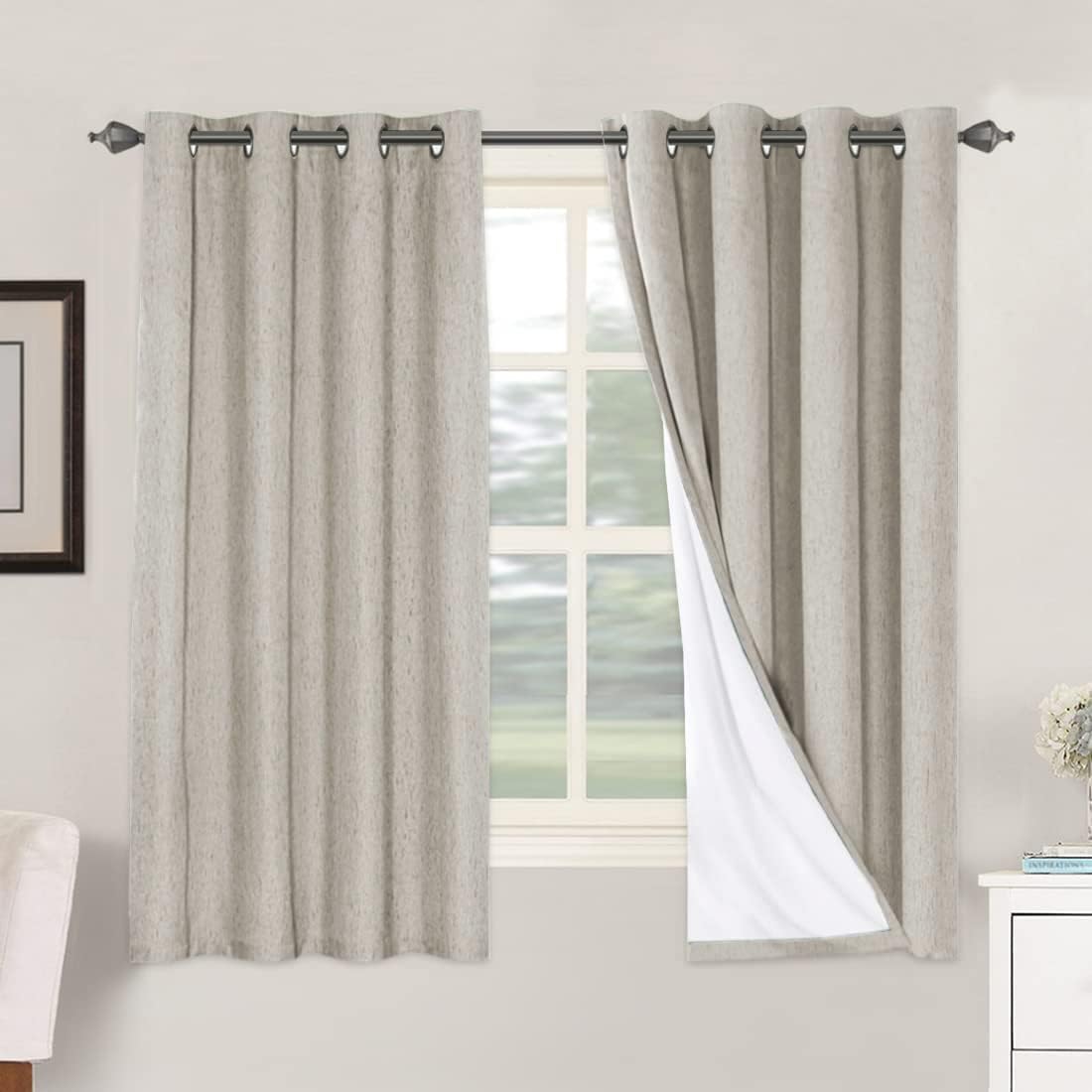 2 pcs  H.VERSAILTEX 100% Blackout Linen Curtains Full Light Blocking Curtains for Bedroom, Textured Window Curtains for Living Room, Energy Efficient Curtains White Liner