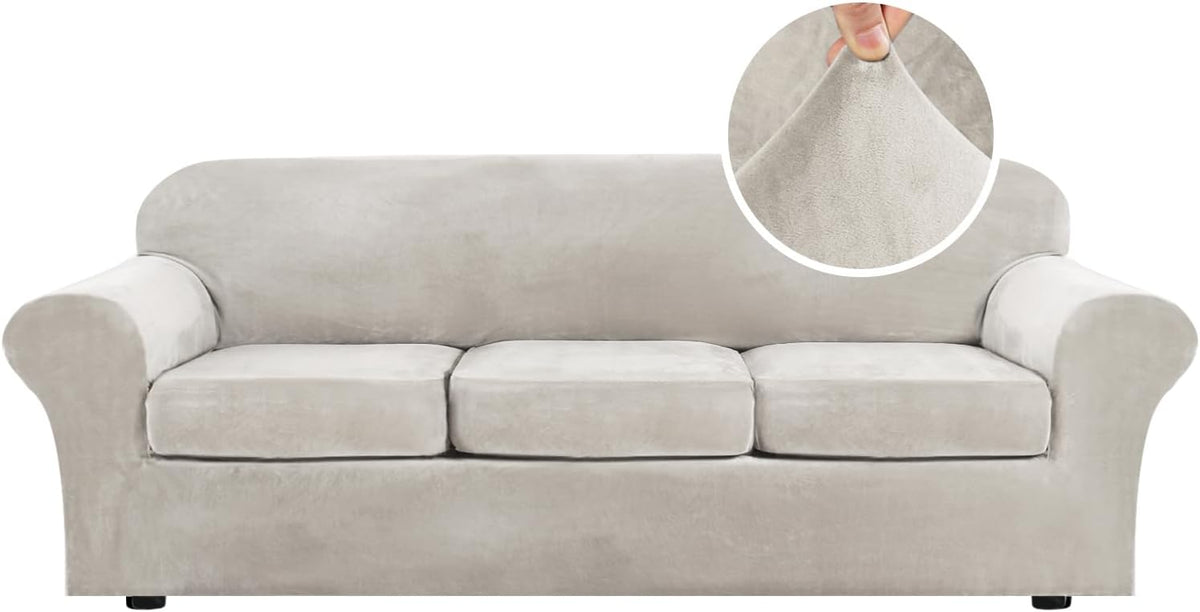 H.VERSAILTEX Modern Velvet Plush High Stretch Sofa Slipcover Furniture Protector Form Fit Luxury Thick Sofa Cover for 3 Cushion Couch, Machine Washable Width Up to 90 Inch