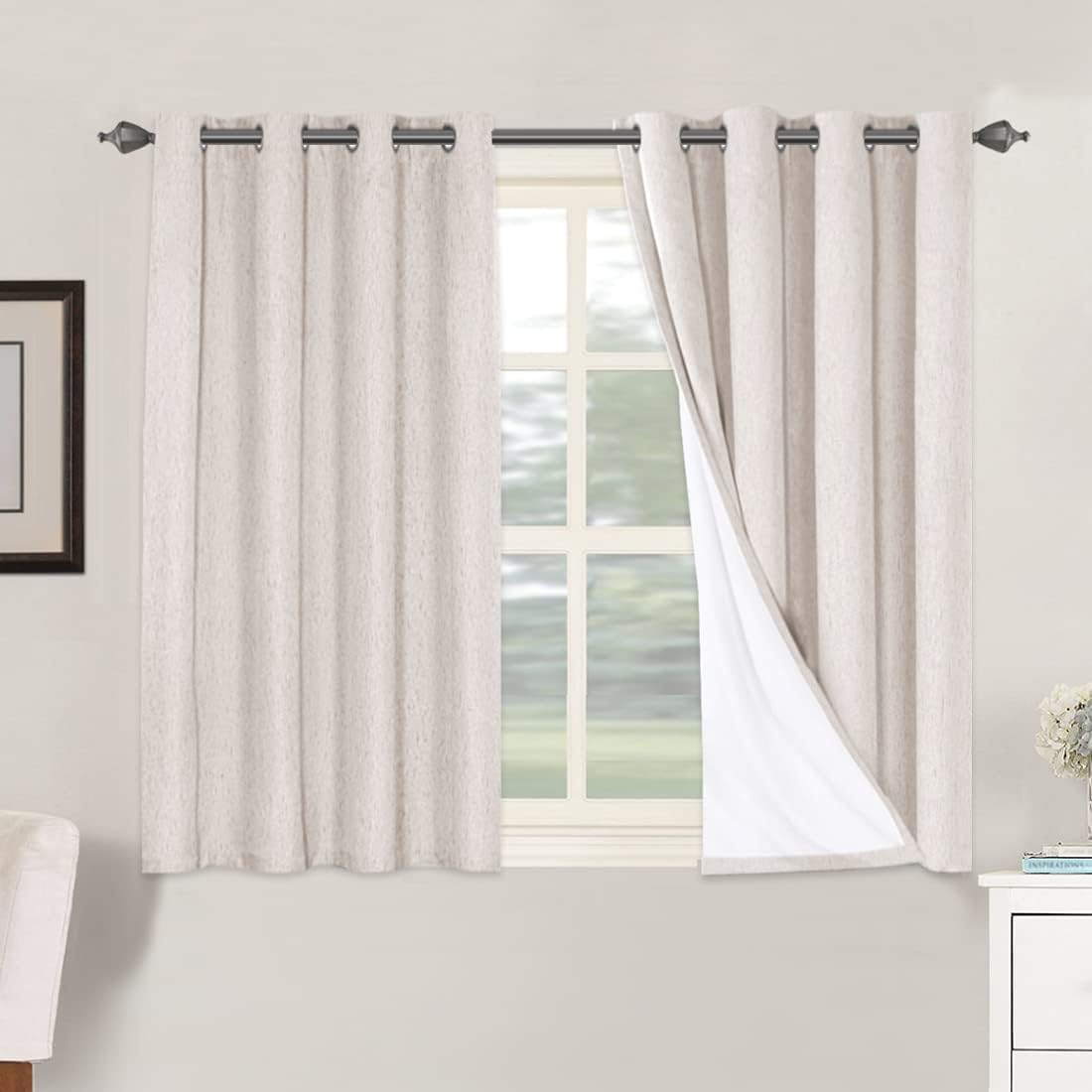 2 pcs  H.VERSAILTEX 100% Blackout Linen Curtains Full Light Blocking Curtains for Bedroom, Textured Window Curtains for Living Room, Energy Efficient Curtains White Liner