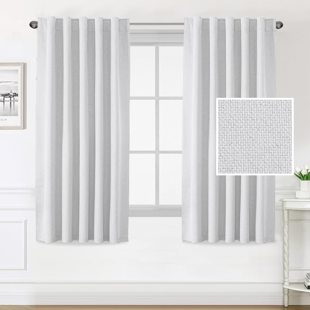 H.VERSAILTEX 100% Blackout Linen Look Curtains for Bedroom 84 inch Light Blocking Drapes with Double Face Linen Back Tab Loop Pocket Textured Burlap Curtains for Living Room 2 Panels, Heather White