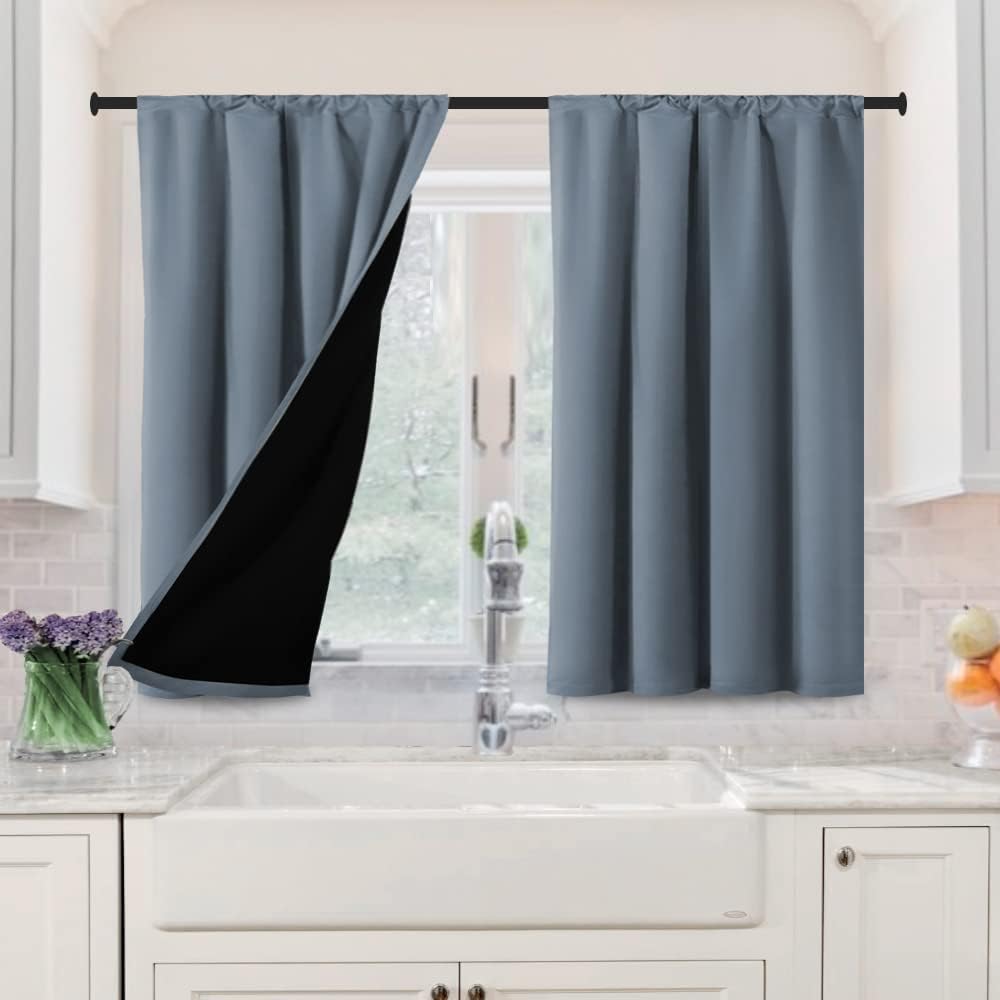 H.VERSAILTEX 100% Blackout Curtains for Bedroom Short Curtains Half Window Curtains for Kitchen, Privacy Energy Saving Curtain Tiers for Bathroom Shades, W 42 x L 36 inch, Pumice Stone, Set of 2