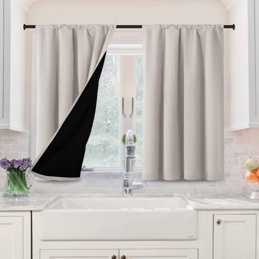 H.VERSAILTEX 100% Blackout Curtains for Bedroom Short Curtains Half Window Curtains for Kitchen, Privacy Energy Saving Curtain Tiers for Bathroom Shades, W 42 x L 36 inch, Pumice Stone, Set of 2