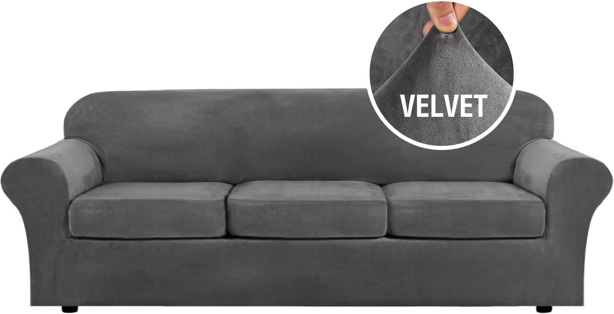 H.VERSAILTEX Modern Velvet Plush High Stretch Sofa Slipcover Furniture Protector Form Fit Luxury Thick Sofa Cover for 3 Cushion Couch, Machine Washable Width Up to 90 Inch