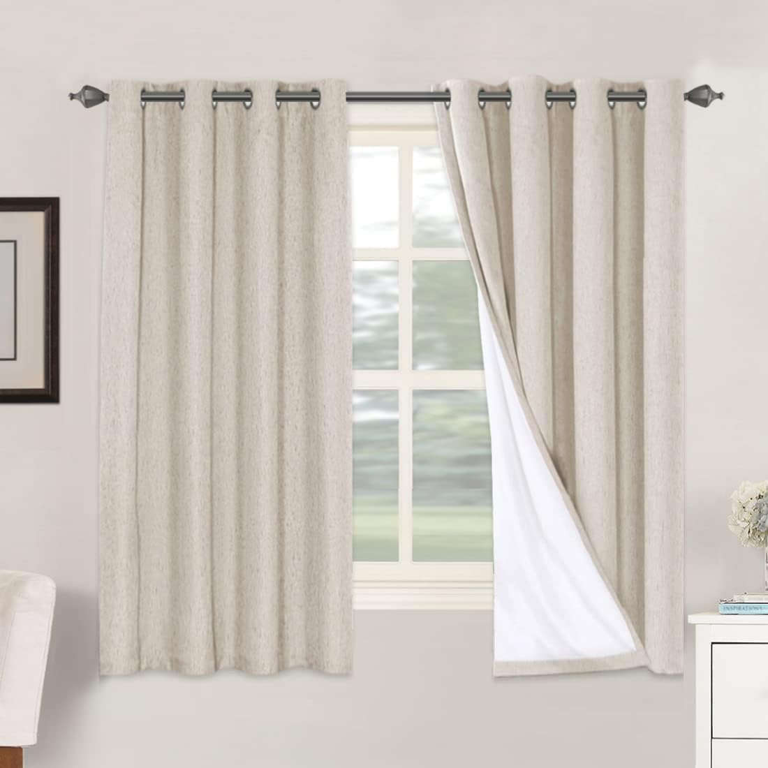 2 pcs  H.VERSAILTEX 100% Blackout Linen Curtains Full Light Blocking Curtains for Bedroom, Textured Window Curtains for Living Room, Energy Efficient Curtains White Liner