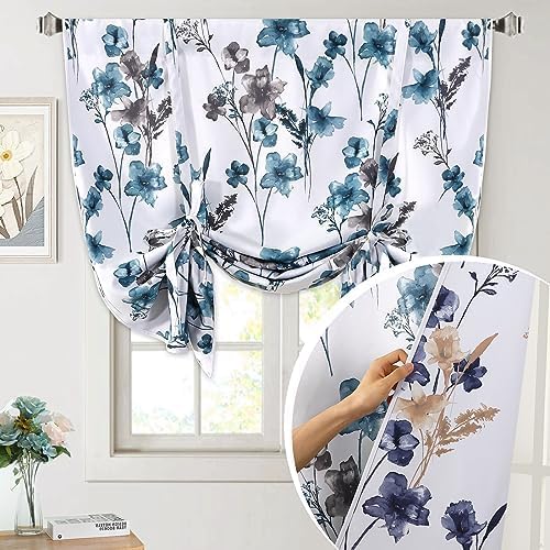 H.VERSAILTEX Tie Up Curtain Double Sided Cattleya Floral Printed Window Valance Balloon Roman Curtain, Rod Pocket - Reversible in Blue/Coral - W 42 x L 36
