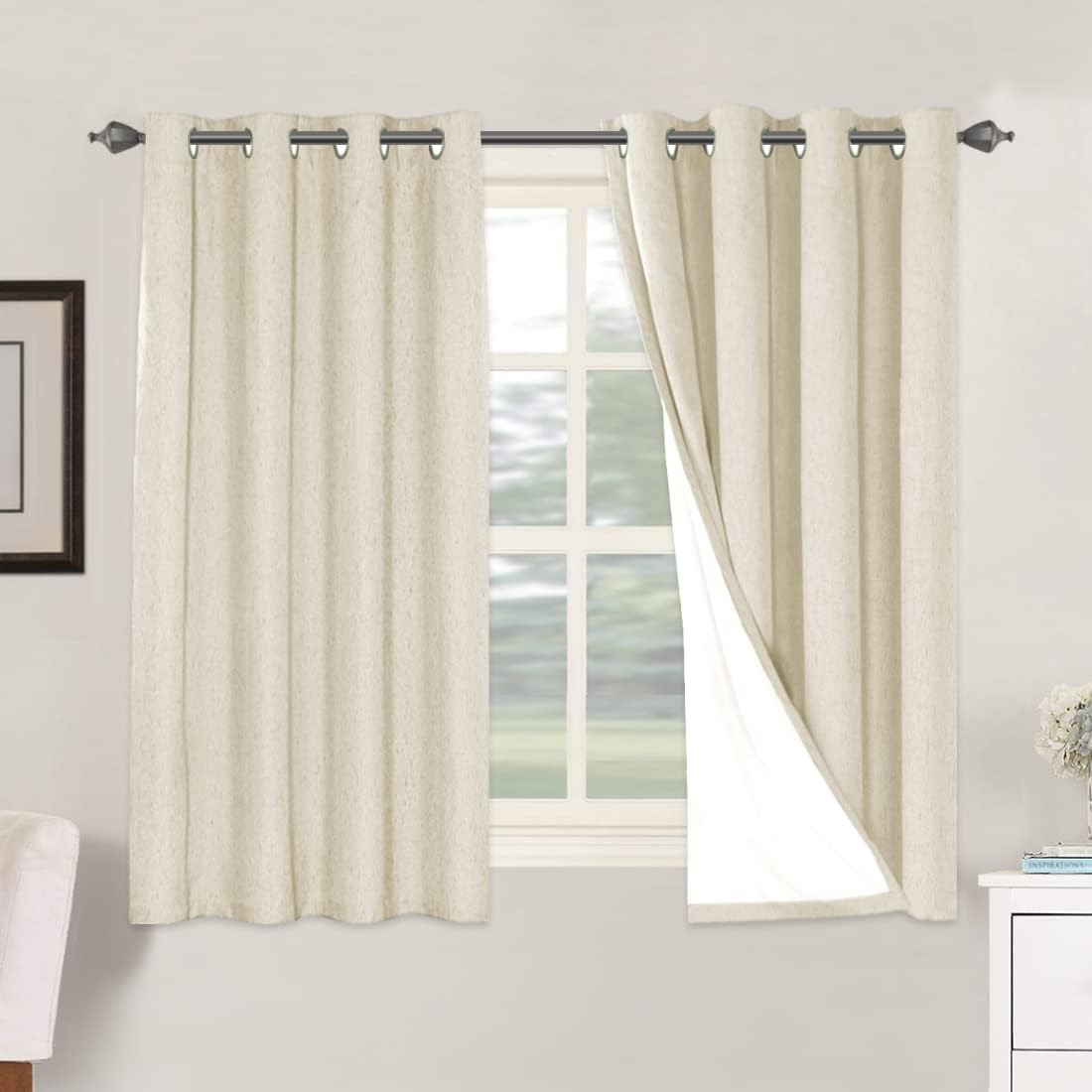 2 pcs  H.VERSAILTEX 100% Blackout Linen Curtains Full Light Blocking Curtains for Bedroom, Textured Window Curtains for Living Room, Energy Efficient Curtains White Liner