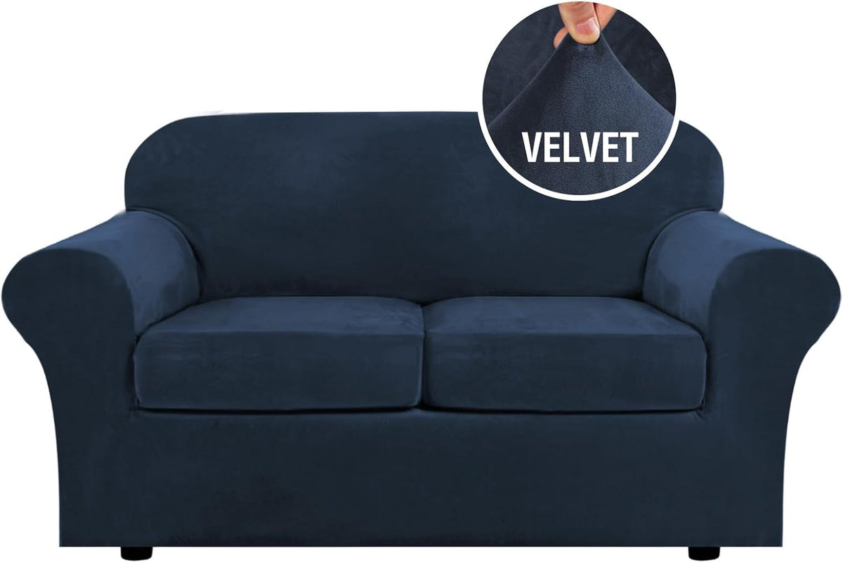 H.VERSAILTEX Modern Velvet Plush High Stretch Sofa Slipcover Furniture Protector Form Fit Luxury Thick Sofa Cover for 3 Cushion Couch, Machine Washable Width Up to 90 Inch