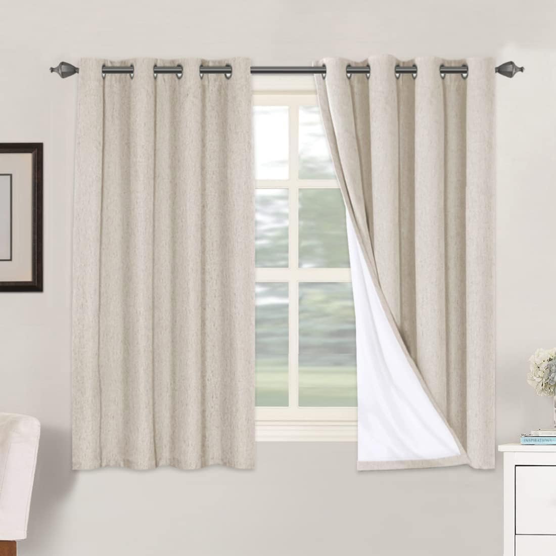 2 pcs  H.VERSAILTEX 100% Blackout Linen Curtains Full Light Blocking Curtains for Bedroom, Textured Window Curtains for Living Room, Energy Efficient Curtains White Liner