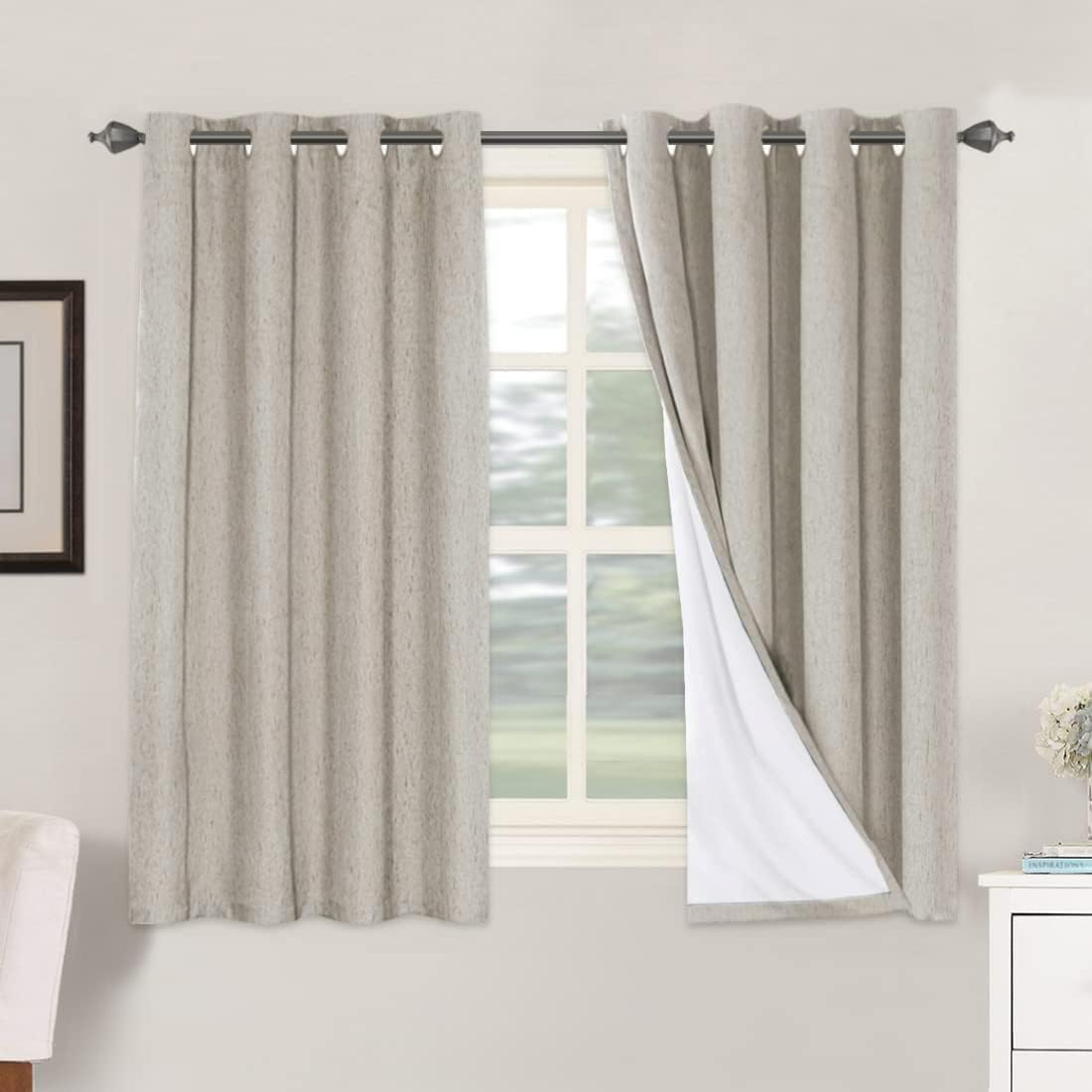 2 pcs  H.VERSAILTEX 100% Blackout Linen Curtains Full Light Blocking Curtains for Bedroom, Textured Window Curtains for Living Room, Energy Efficient Curtains White Liner