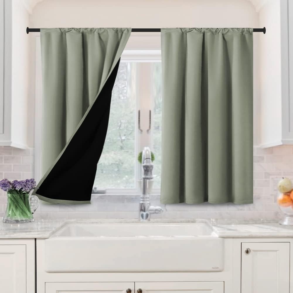 H.VERSAILTEX 100% Blackout Curtains for Bedroom Short Curtains Half Window Curtains for Kitchen, Privacy Energy Saving Curtain Tiers for Bathroom Shades, W 42 x L 36 inch, Pumice Stone, Set of 2