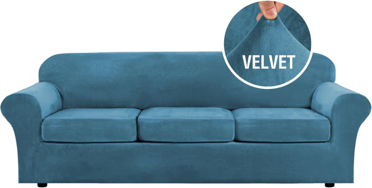 H.VERSAILTEX Modern Velvet Plush High Stretch Sofa Slipcover Furniture Protector Form Fit Luxury Thick Sofa Cover for 3 Cushion Couch, Machine Washable Width Up to 90 Inch