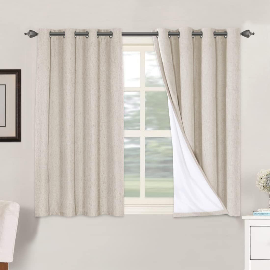 2 pcs  H.VERSAILTEX 100% Blackout Linen Curtains Full Light Blocking Curtains for Bedroom, Textured Window Curtains for Living Room, Energy Efficient Curtains White Liner